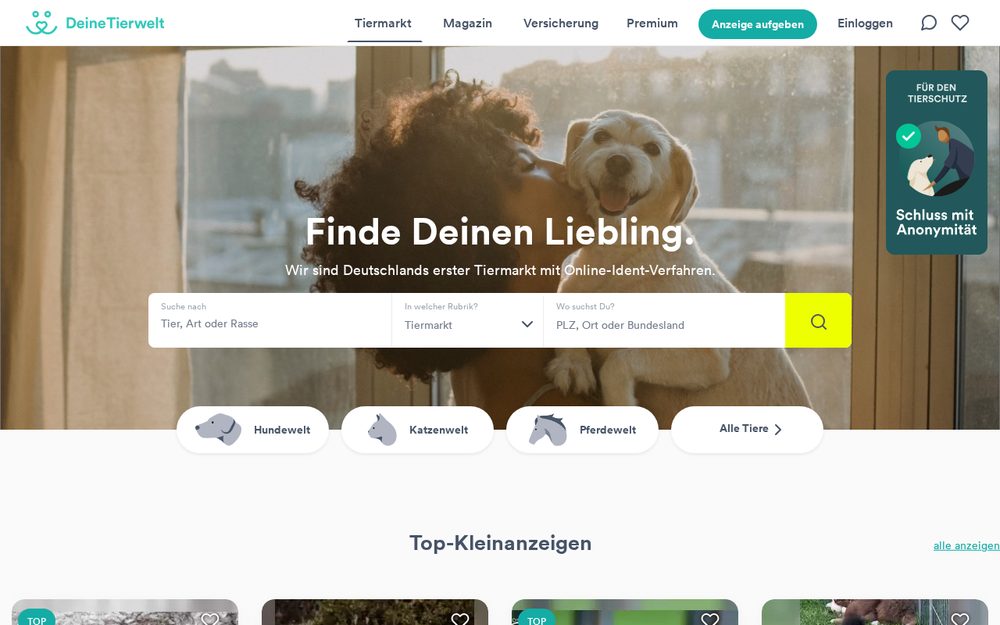 Deine Tierwelt homepage, our marketplace in Germany